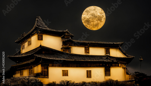 Temple castle in the darkest night with moon. Digital artwork, fantasy artwork. © Illustration