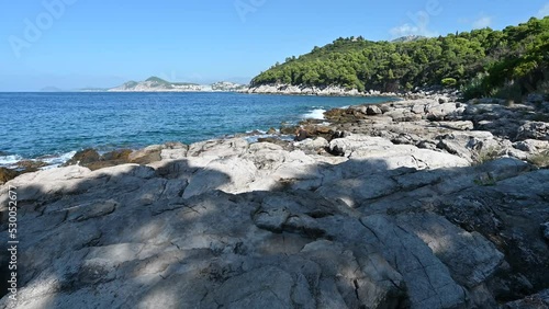 The rocky coastline of the Island of Lokrum in Dubrovik on the Adriatic sea. 