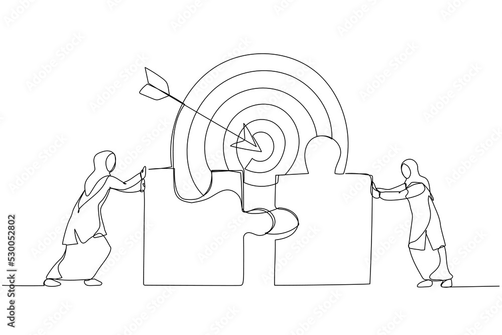 Cartoon of muslim businesswomen connecting puzzle elements. Metaphor for teamwork success target achievement. One line style art Cartoon of muslim businesswomen connecting puzzle elements. Metaphor for teamwork success target achievement. One line style art