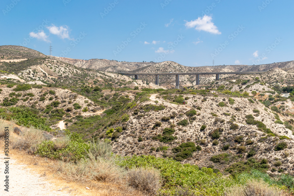 Cyprus landscapes. The hills above the rock of Aphrodite. Mountains and forests. Bridge crossing the mountains.