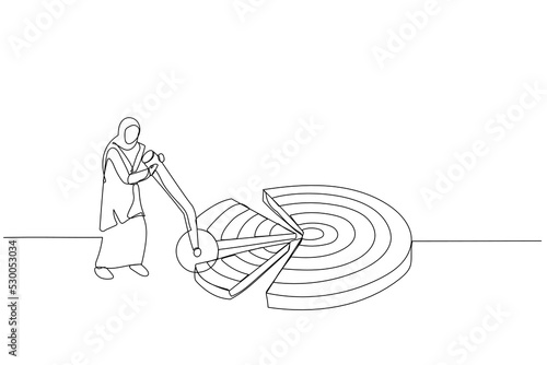 Drawing of muslim businesswoman break down dartboard target into chunks. Metaphor for break down big goal into small achievable goals. Single continuous line art style