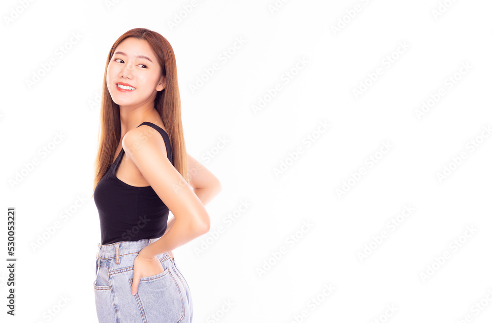Surprised happy beautiful asian woman looking to copy space with smile face Expressive facial expressions Presenting some product Beautiful girl put hands in Jeans Pocket Isolated on white background Surprised happy beautiful asian woman looking to copy space with smile face Expressive facial expressions Presenting some product Beautiful girl put hands in Jeans Pocket Isolated on white background