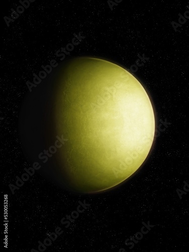 Unknown Earth-like planet in yellow green color. Rocky exoplanet in deep space. Planetary moon on a black background. © Nazarii