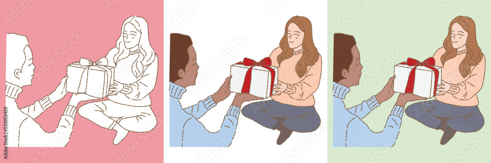 Two persons giving and receiving a present. Set of different styles hand drawn flat vector illustration isolated on colored background. Two persons giving and receiving a present. Set of different styles hand drawn flat vector illustration isolated on colored background.