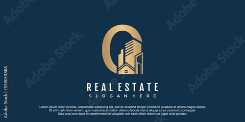 Building with letter o unique concept premium vector