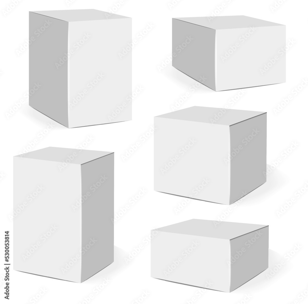 Isolated boxes packaging, realistic isolated white pack set, vector illustration, cosmetics box vector, boxes package collection Isolated boxes packaging, realistic isolated white pack set, vector illustration, cosmetics box vector, boxes package collection