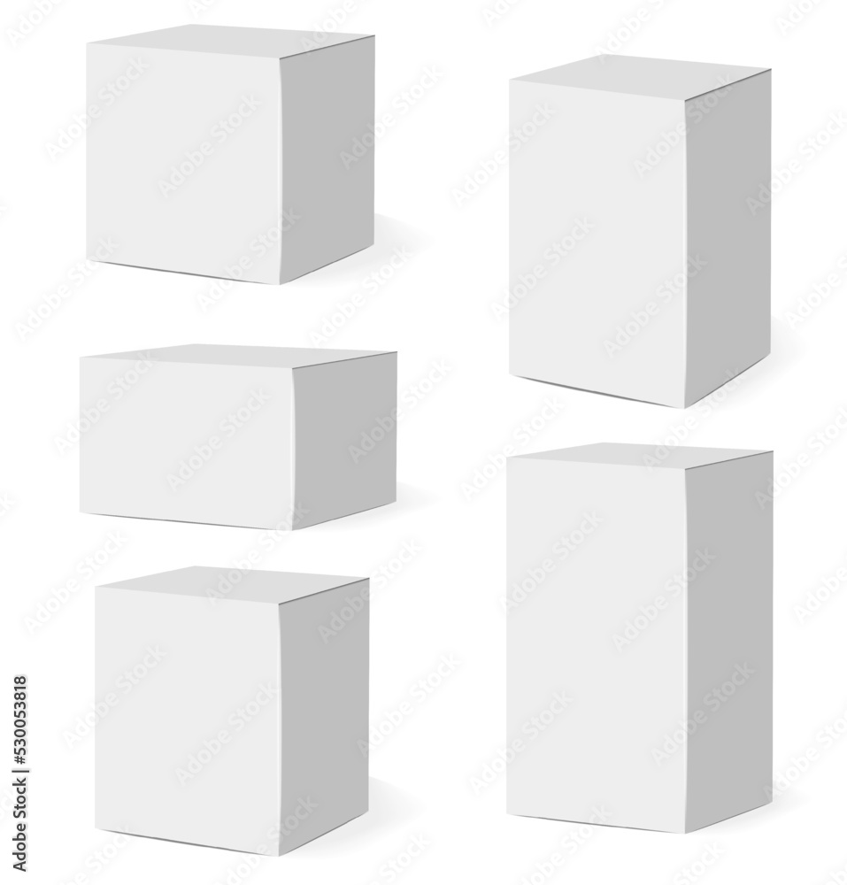 Isolated boxes packaging, realistic isolated white pack set, vector illustration, cosmetics box vector, boxes package collection Isolated boxes packaging, realistic isolated white pack set, vector illustration, cosmetics box vector, boxes package collection