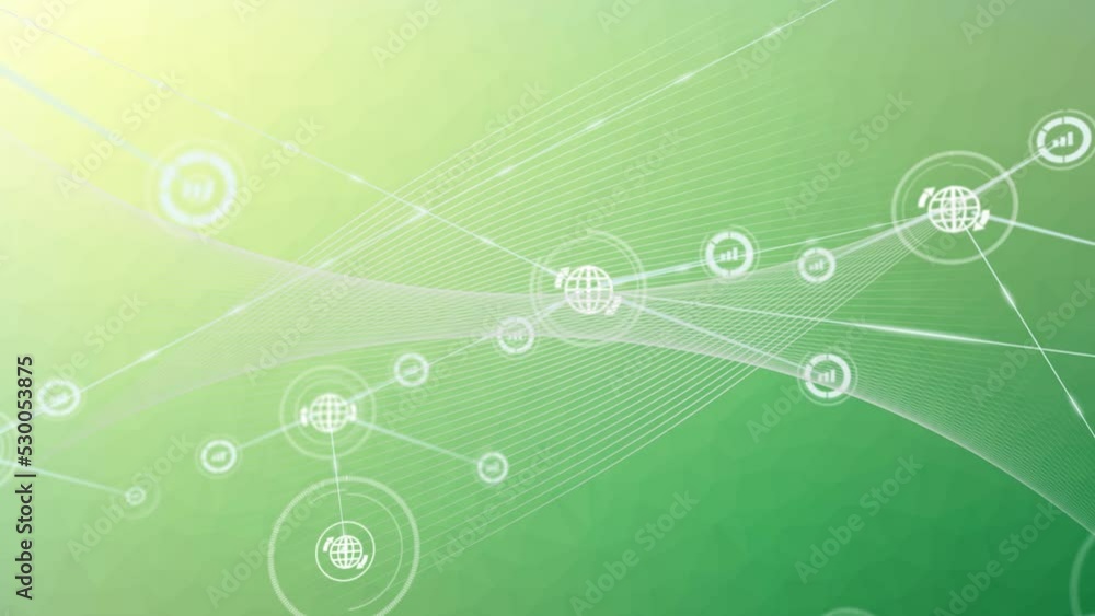 Animation of network of digital icons over over digital wave against green gradient background Animation of network of digital icons over over digital wave against green gradient background