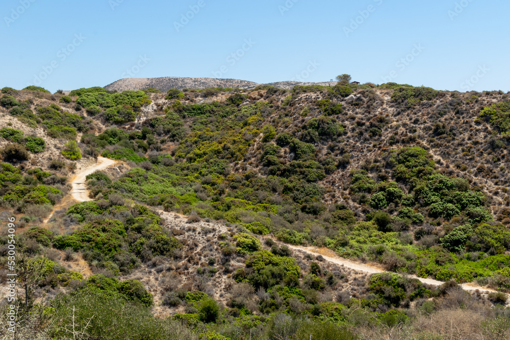 Cyprus landscapes. The hills above the rock of Aphrodite. Mountains and forests. Bridge crossing the mountains.