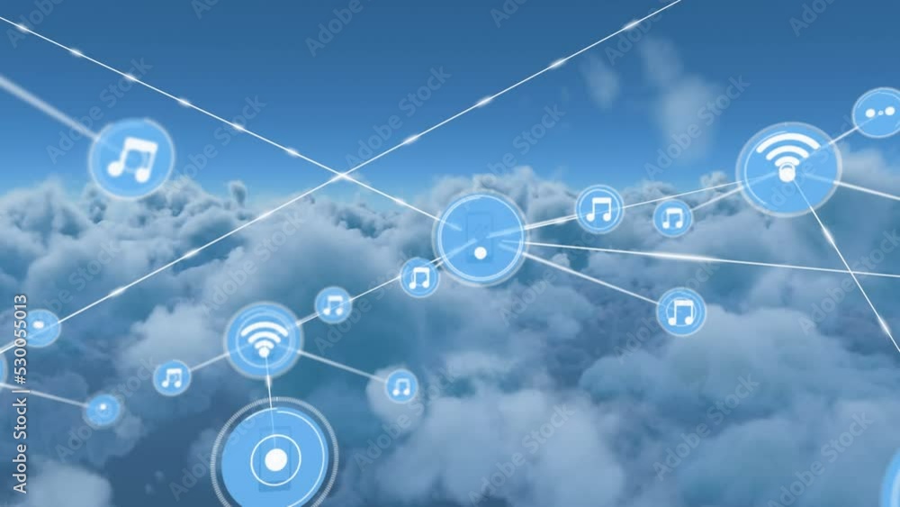 Animation of network of digital icons over clouds in the blue sky Animation of network of digital icons over clouds in the blue sky
