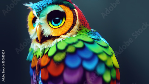 Stylized rainbow owl, portrait. Сartoon style owl. Poster and Wall Art Prints. 