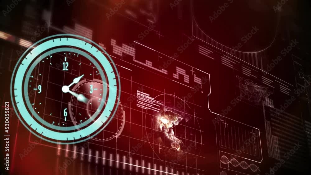 Animation of neon ticking clock over digital interface with data processing against red background Animation of neon ticking clock over digital interface with data processing against red background