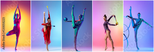 Collage. Portraits of young sportive women, female rhythmic gymnast performing, training and doing yoga over multicolored background in neon light photo