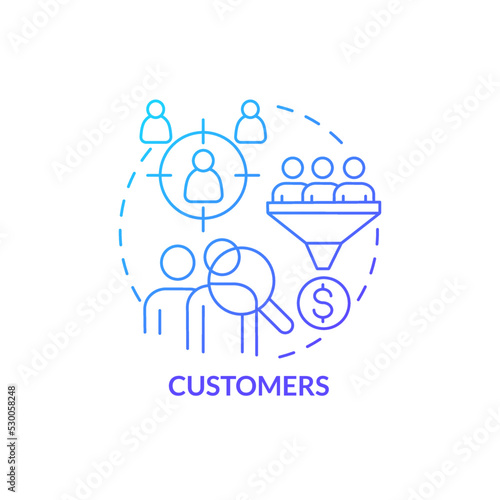 Customers blue gradient concept icon. Engage clients. Product management process. Business model canvas abstract idea thin line illustration. Isolated outline drawing. Myriad Pro-Bold font used