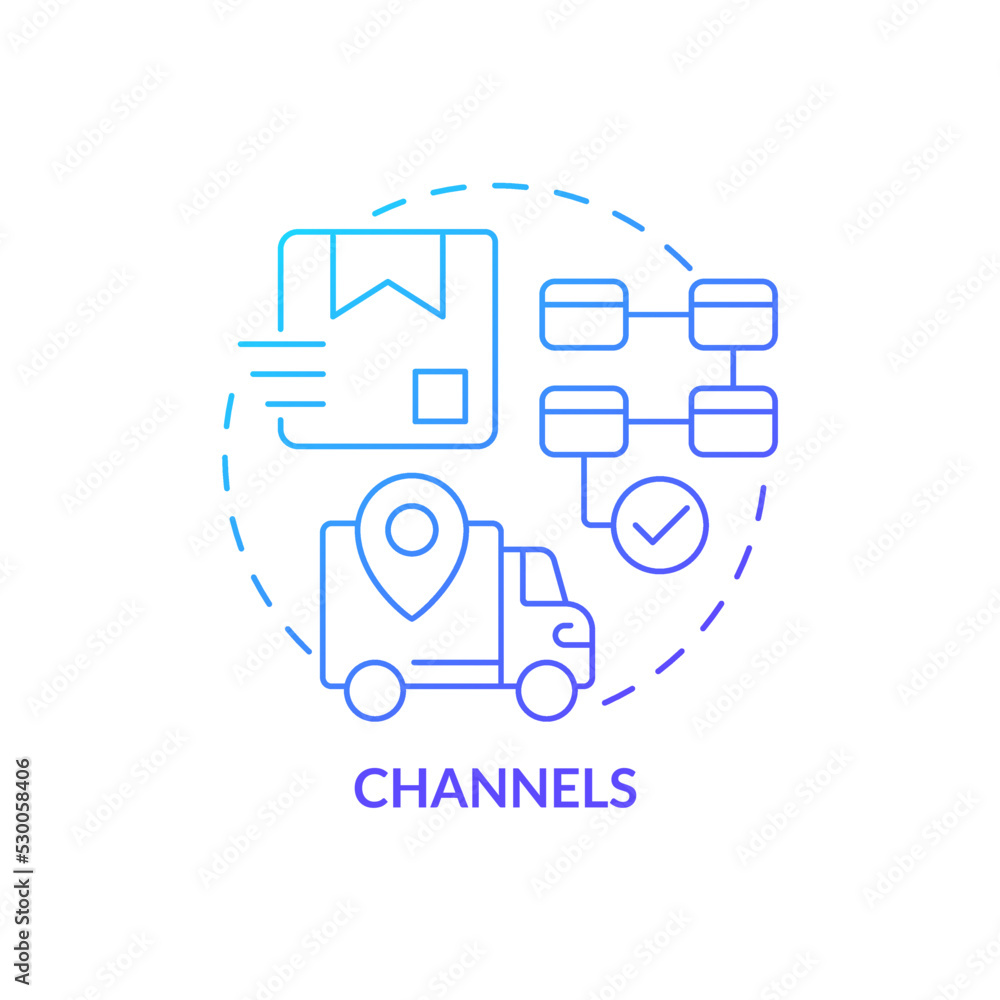 Channels blue gradient concept icon. Product management instruments. Business model canvas abstract idea thin line illustration. Isolated outline drawing. Myriad Pro-Bold font used