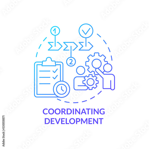 Coordinating development blue gradient concept icon. Build realization plan. Product management abstract idea thin line illustration. Isolated outline drawing. Myriad Pro-Bold font used