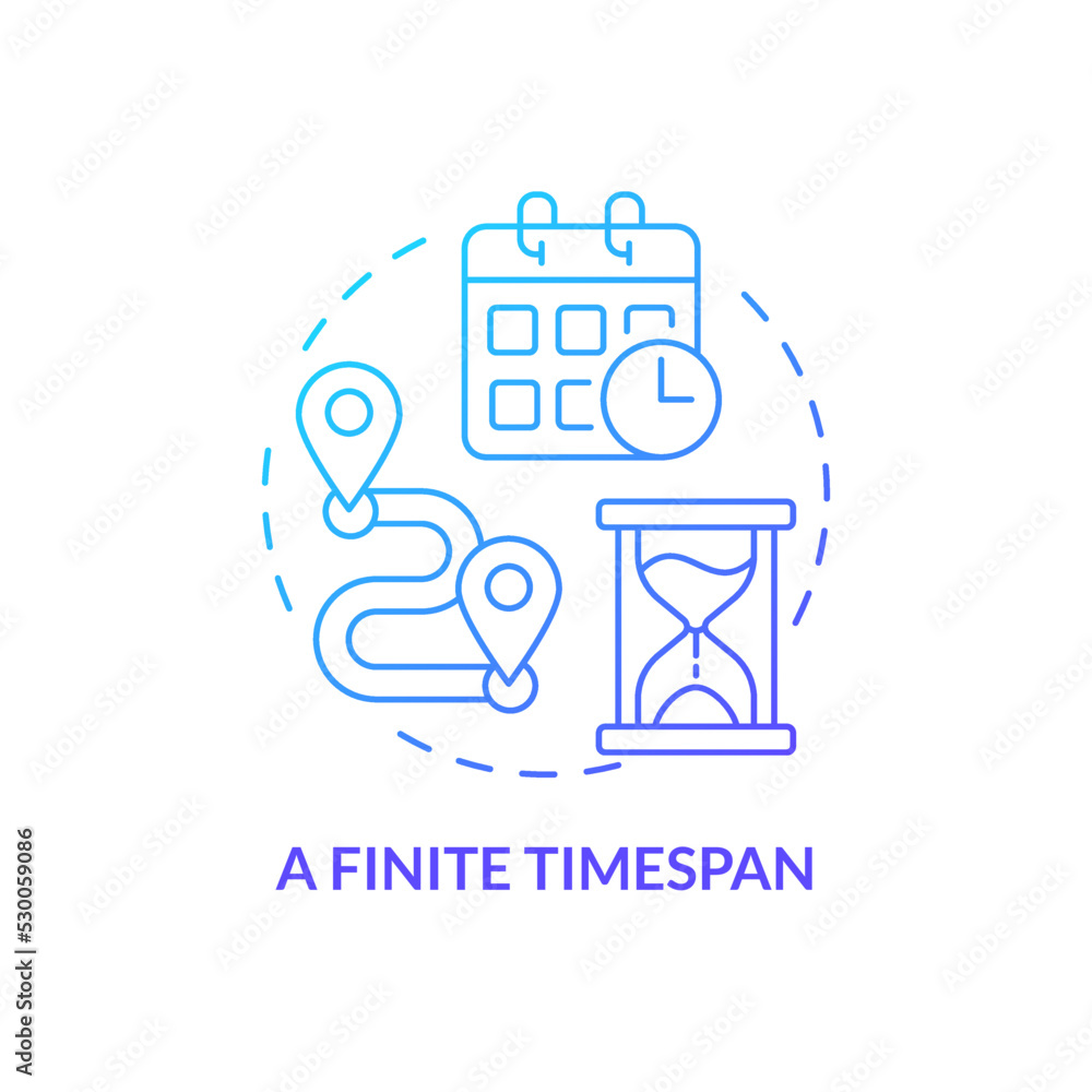 Finite timespan blue gradient concept icon. Definite start and end phases. Project management abstract idea thin line illustration. Isolated outline drawing. Myriad Pro-Bold font used Finite timespan blue gradient concept icon. Definite start and end phases. Project management abstract idea thin line illustration. Isolated outline drawing. Myriad Pro-Bold font used