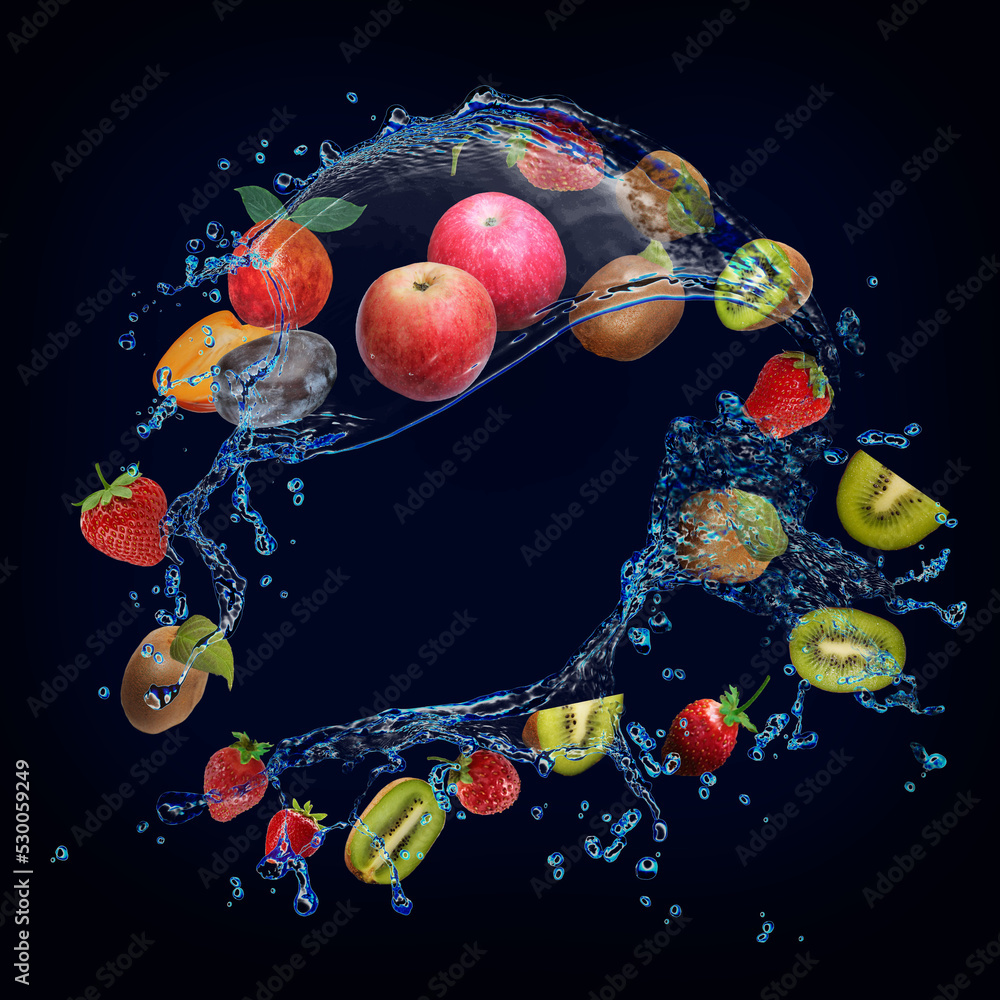 Wallpaper with fruits in water - juicy apple, strawberry, kiwi, plum, persimmon, peach are very healthy