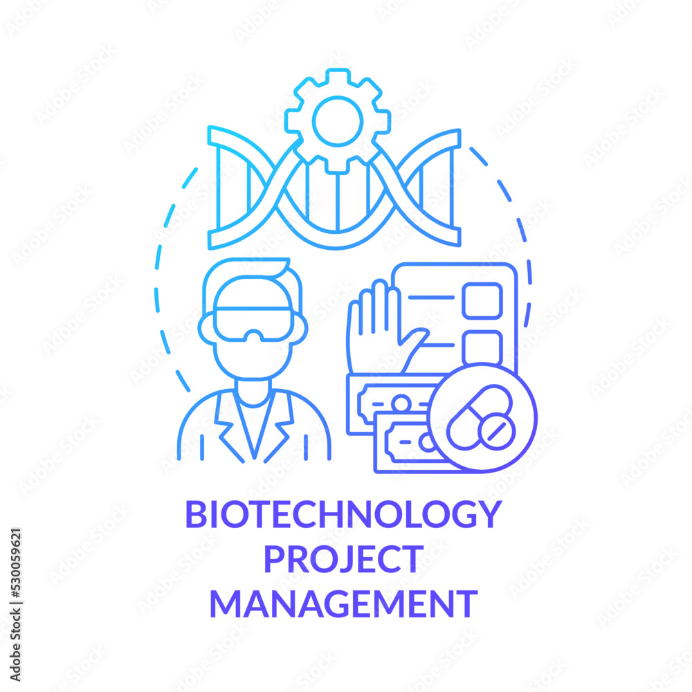 Biotechnology project management blue gradient concept icon. Lab research. Scientific specialist abstract idea thin line illustration. Isolated outline drawing. Myriad Pro-Bold font used