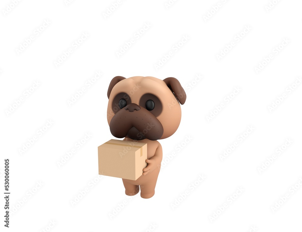 Little Pug character carrying a package in 3d rendering. Little Pug character carrying a package in 3d rendering.