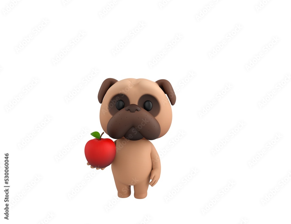 Naklejka premium Little Pug character holding red apple in 3d rendering.