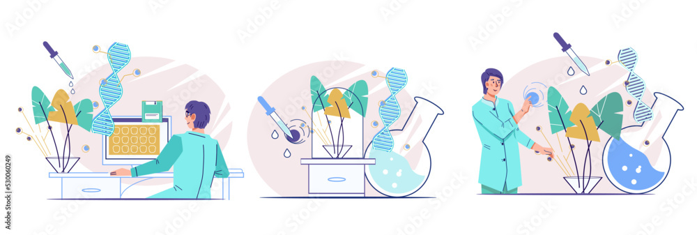 Bioengineering and Genetic DNA science laboratory set. Scientists research DNA in laboratory, flat vector illustration isolated on white background.