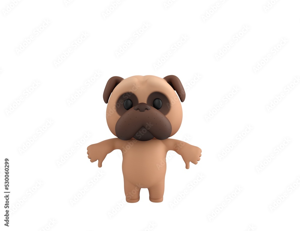 Fototapeta premium Little Pug character showing thumb down with two hands in 3d rendering.