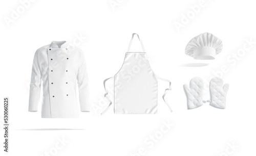 Blank white chef jacket, apron, hat and oven mitt mockup, photo