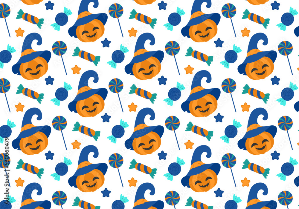 Cute seamless Halloween pattern with pumpkins and candy Cute seamless Halloween pattern with pumpkins and candy