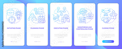 Phases of project management blue gradient onboarding mobile app screen. Walkthrough 5 steps graphic instructions with linear concepts. UI, UX, GUI template. Myriad Pro-Bold, Regular fonts used