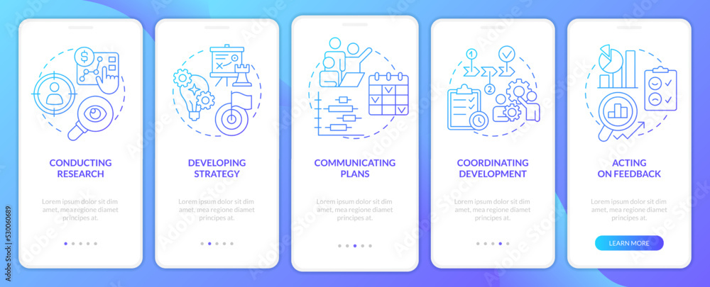 Product management blue gradient onboarding mobile app screen. Business walkthrough 5 steps graphic instructions with linear concepts. UI, UX, GUI template. Myriad Pro-Bold, Regular fonts used Product management blue gradient onboarding mobile app screen. Business walkthrough 5 steps graphic instructions with linear concepts. UI, UX, GUI template. Myriad Pro-Bold, Regular fonts used