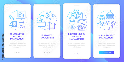 Project management types blue gradient onboarding mobile app screen. Industries walkthrough 4 steps graphic instructions with linear concepts. UI, UX, GUI template. Myriad Pro-Bold, Regular fonts used