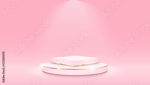 Pink podium with gold lines and a glowing spotlight on a pink background