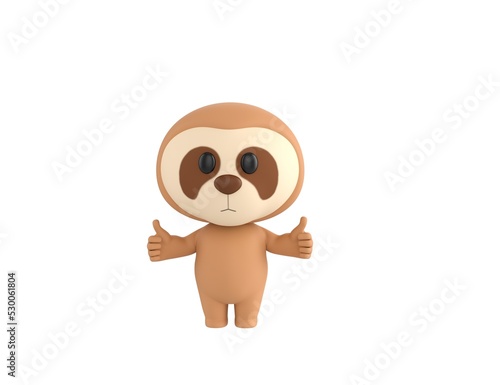 Little Sloth character showing thumb up with two hands in 3d rendering.