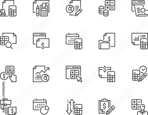 Accounting and Financial Analysis and Control. Vector Line Icons Set. Annual Financial Reporting. Calculation, Revenue, Audit. Editable Stroke. Pixel Perfect.