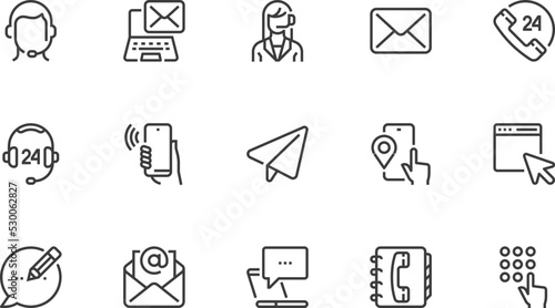 Customer Service Contact Center. Online Support, Call Center Operator. Receiving Incoming Calls. Vector Line Icons Set. Editable Stroke. Pixel Perfect.