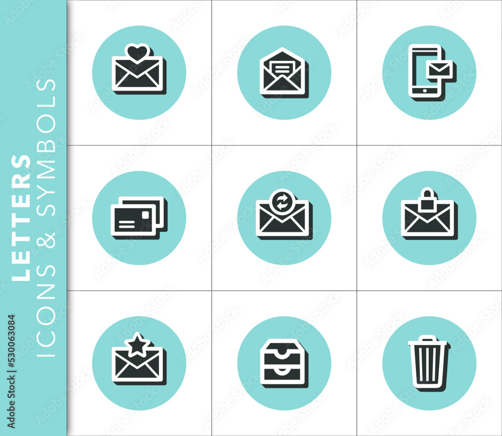 Icons and symbols set related to letters and emails with shadow on blue background. Vector isolated graphic.