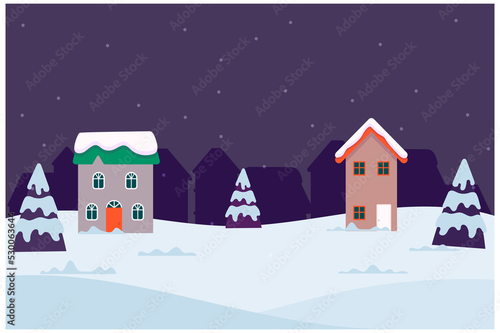 Winter nature.Landscape with Christmas trees and houses it is snowing.Illustration,postcard and banner.