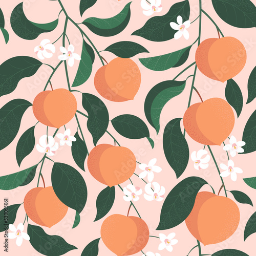 seamless pattern with peach branches with leaves and flowers on pink background