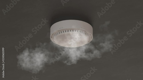 Smoke detector mounted on roof in apartment. 4k. 3d rendering
