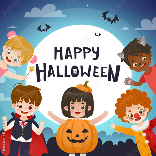 Halloween squared congratulation with kids dressed up in costumes. Cute cartoon children on halloween party.