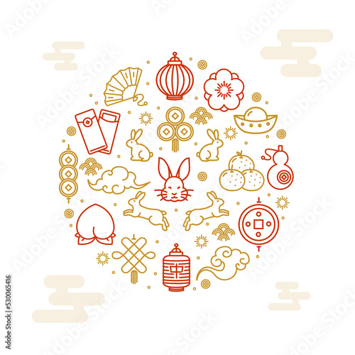 Chinese New Year Round Design Template Thin Line Icon Concept. Vector