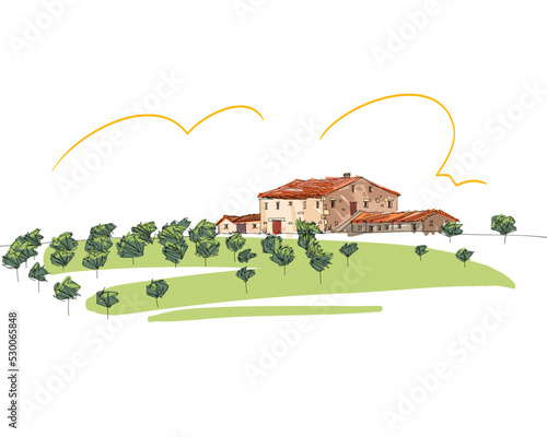 Rural landscape. Farm sketch hand drawn vector illustration. 