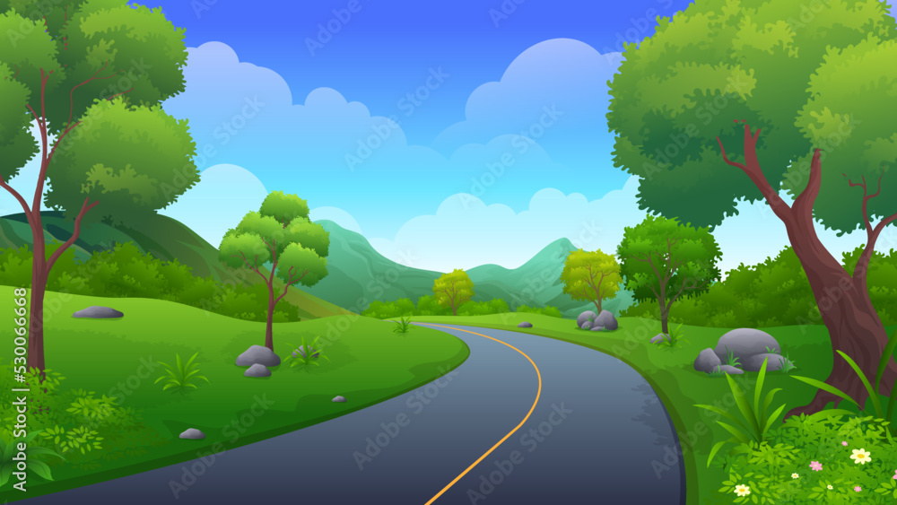 Asphalt road going through the hill with beautiful nature landscape, trees and mountain vector illustration
