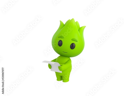 Nature Mascot character reading paper and looking to camera in 3d rendering.