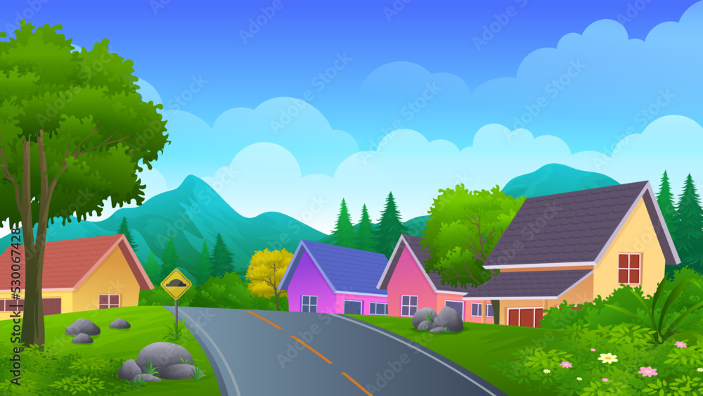 Asphalt road passing through the village house with forest, trees and mountain vector illustration