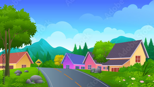 Asphalt road passing through the village house with forest, trees and mountain vector illustration