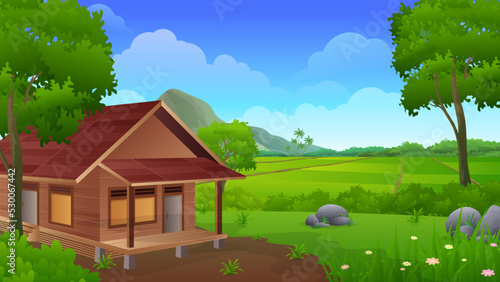 Traditional wooden house with beautiful paddy rice field, trees and mountain landscape vector illustration