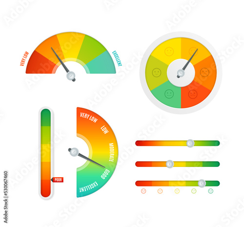 Realistic Detailed 3d Different Color Rating Level Indicator Set. Vector