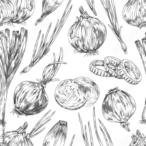 Black and white onion seamless pattern, sketch vector illustration on white background.